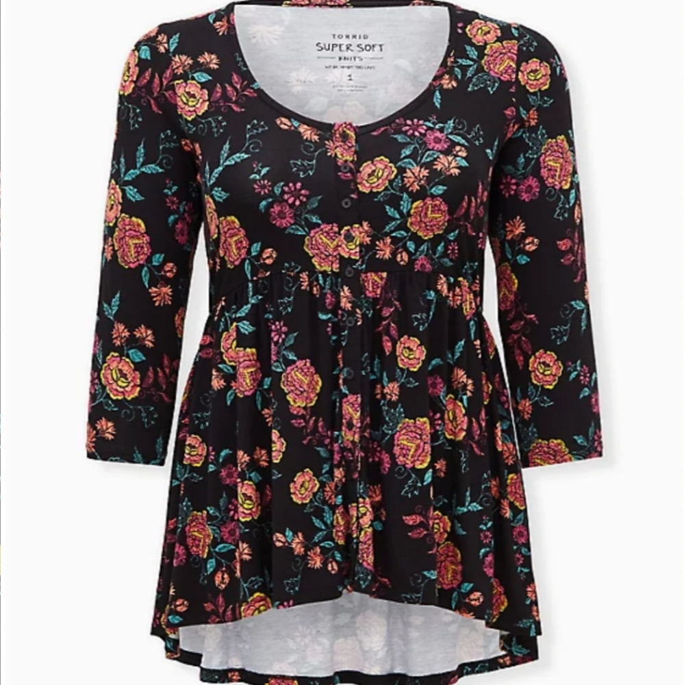 Super soft floral tunic 3/4 sleeve hi-low hem